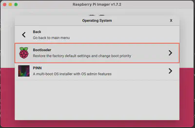 Selecting the &lsquo;Bootloader&rsquo; option